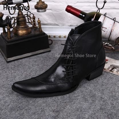 Schwarze Herren-Leder-Stiefelette mit Schnürung, spitzer Zehenform und Absatz