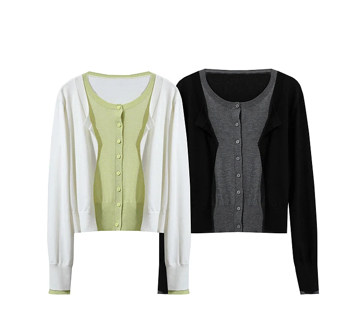 Damen-Strickjacke Patchwork sanft locker Langarm vielseitig Herbst