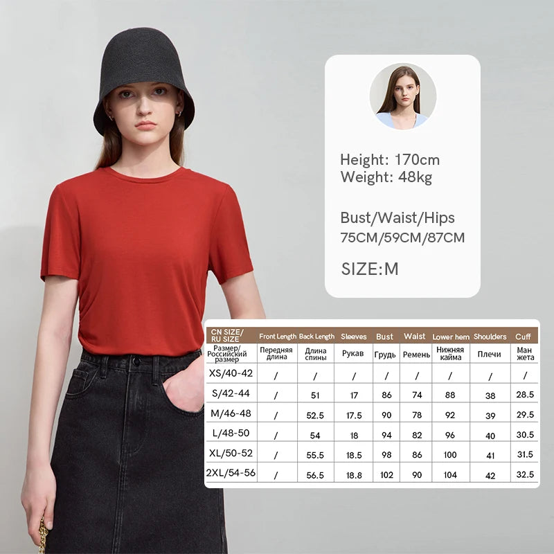 Damen Sommer-T-Shirt im minimalistischen Stil mit schmalem O-Ausschnitt und kurzen Ärmeln