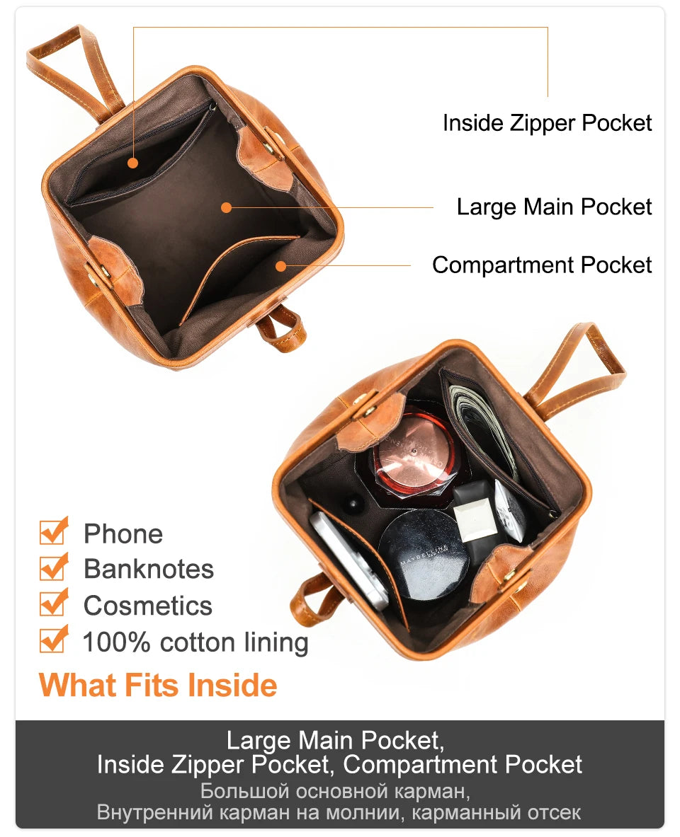 Kleine Handtasche aus Vollnarbenleder, Cognacbraun, mit Innenfach und Reißverschluss