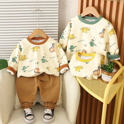 Kinder Hoodie-Set mit Cartoon-Dinosaurier-Pullover und lockeren Hosen für Jungen