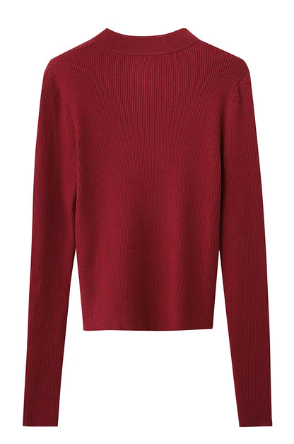Burgunderfarbener Damenpullover mit Cheongsam-Kragen, langärmlig, schmale Silhouette