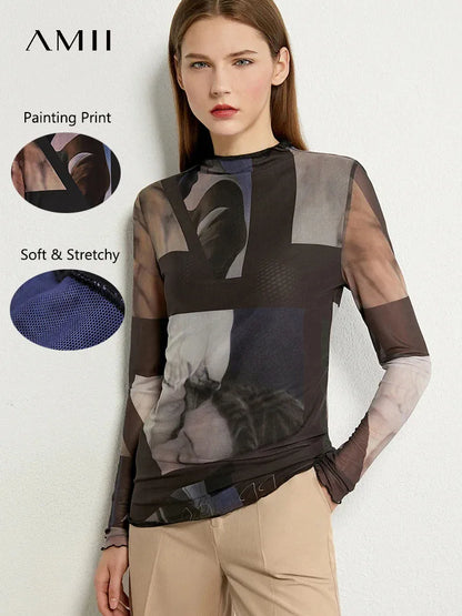 Damen Langarm-T-Shirt im Minimalismus-Stil mit trendigem Netzdruck