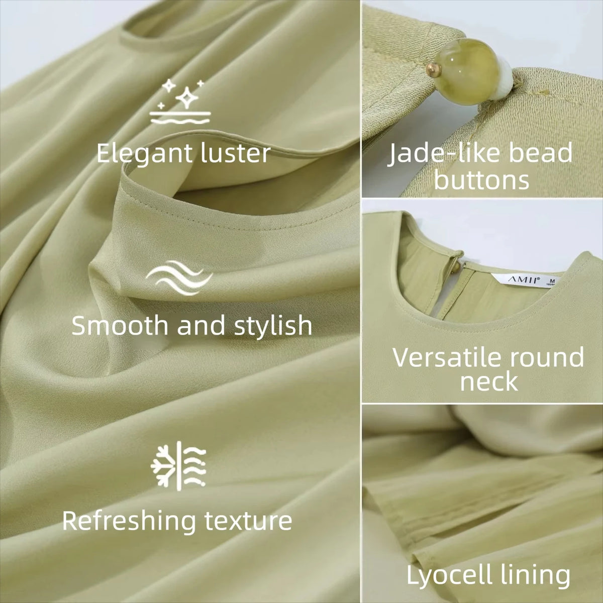 Detailansicht: Glatter Satin-Stoff des Damenkleids in Salbeigrün mit beigen/hellen Akzenten