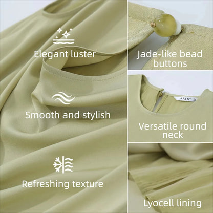 Detailansicht: Glatter Satin-Stoff des Damenkleids in Salbeigrün mit beigen/hellen Akzenten