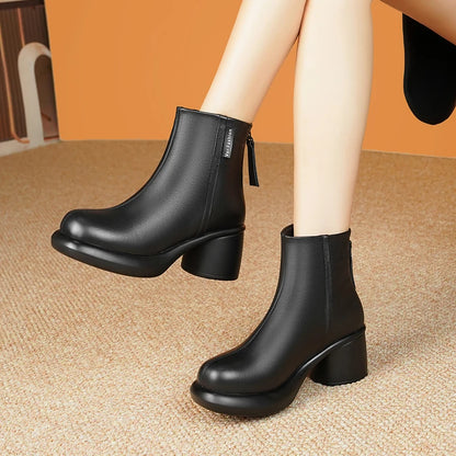 AIYUQI Damen-Stiefeletten, schwarzes Leder, Rundschaft, Blockabsatz