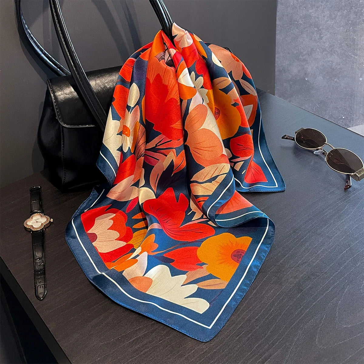 Damen Seidenschal 53cm quadratisch Blumenprint Luxus Hijab Bandana J