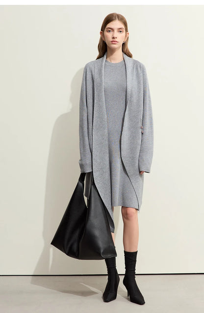 Damen-Strickjacke Wolle Umlegekragen lang locker Tasche Herbst