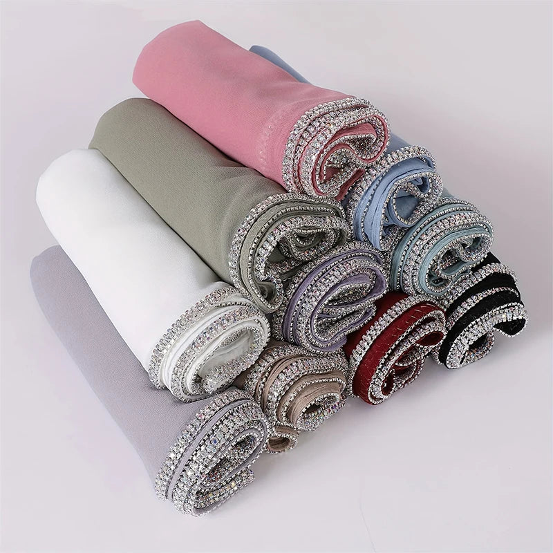 Damen Chiffon Hijab Schal Perlen Strass Glitzer Stirnband Foulard muslimisch