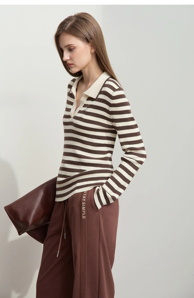Damen V-Ausschnitt Pullover Streifen Stickerei Polo Kontrastfarben Herbst