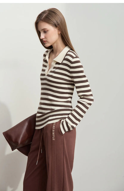 Damen V-Ausschnitt Pullover Streifen Stickerei Polo Kontrastfarben Herbst