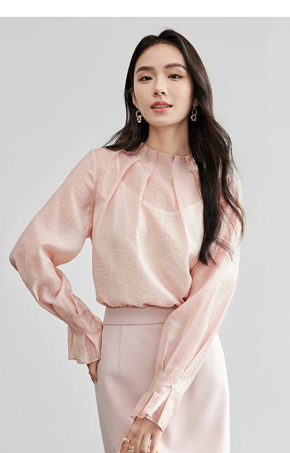 Elegante Vintage-Chiffonbluse mit Print und langen Ärmeln – lockerer Schnitt für Frühling und Herbst