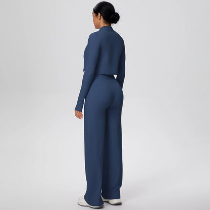 Damen Yoga-Set: langarmiges Crop-Top und weite Hose, navyblau (Rückansicht)