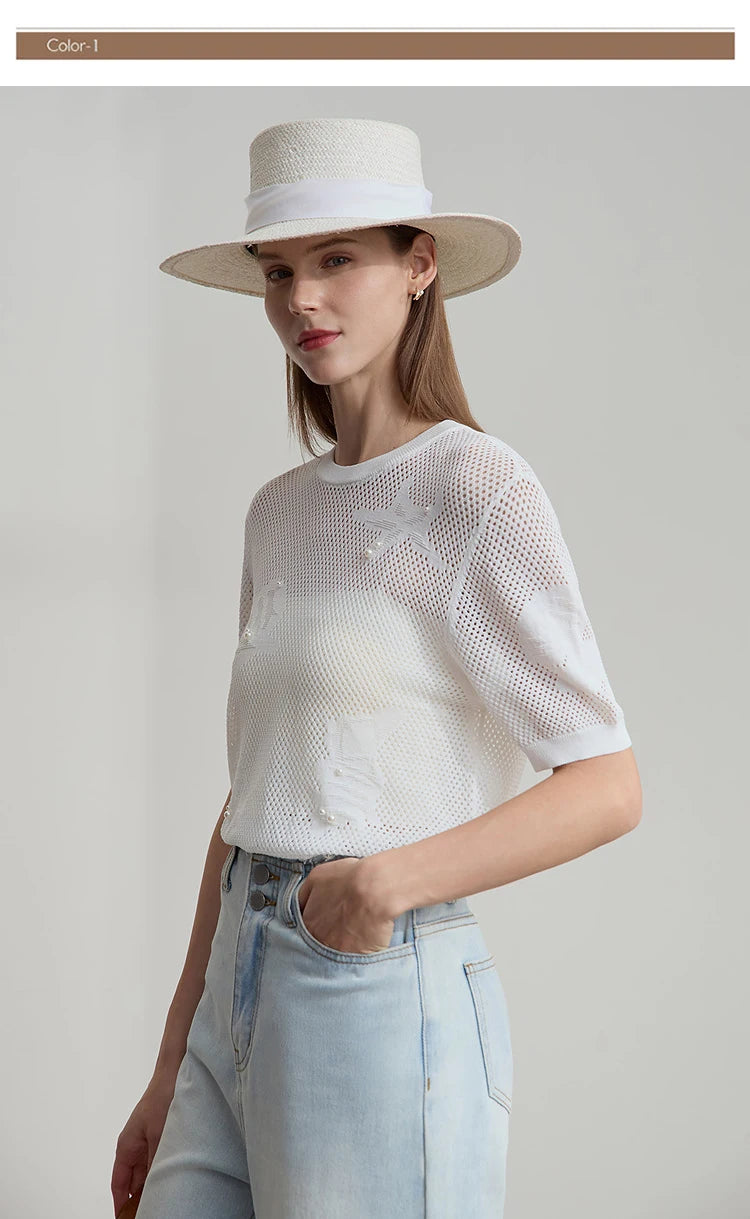 Damen Top im minimalistischen Ozean-Stil mit Perlenbesatz und durchbohrten Löchern