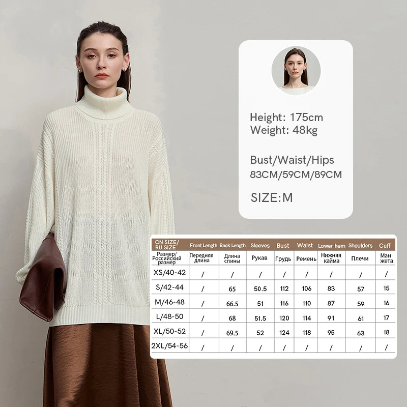 Damen-Rollkragenpullover Wolle lang locker Retro Winter