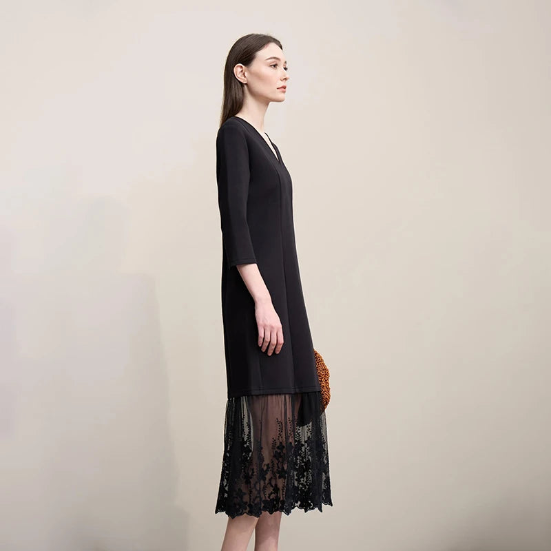 Elegantes Bürokleid Damen Mit V-Ausschnitt Und Spitze Komfortabel