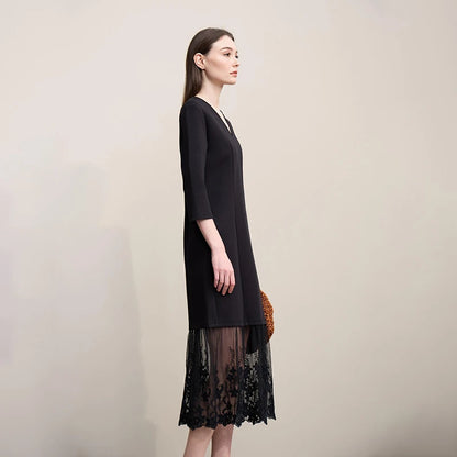 Elegantes Bürokleid Damen Mit V-Ausschnitt Und Spitze Komfortabel