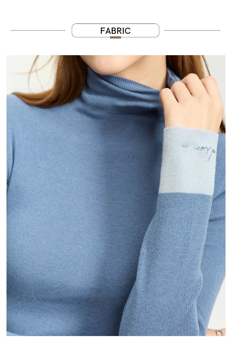 Damen-Rollkragenpullover Wolle Slim Patchwork-Splicing Herbst-Winter