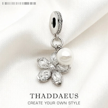 Damen-Charm-Anhänger Blume und Perle Frühling Club aus Sterlingsilber