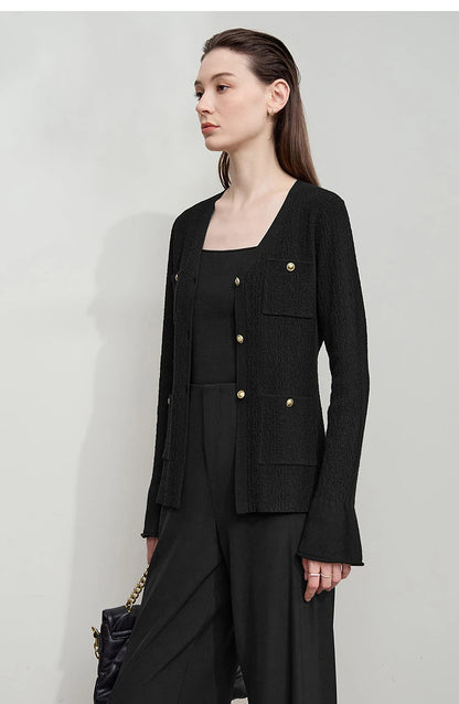 Damen-Strickjacke V-Ausschnitt einfarbig gerade Langarm vielseitig Herbst