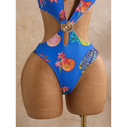 Damen Badeanzug Blumendruck One-Shoulder asymmetrisch Cut-Out Monokini gepolstert