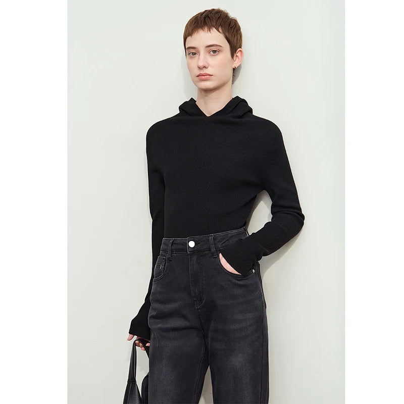 Damen-Kapuzenpullover Wolle-Polyester nahtlos gerade einfarbig Herbst