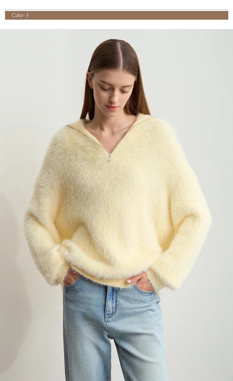 Damen-Rollkragenpullover Nerz-Imitat Reißverschluss locker dick Winter