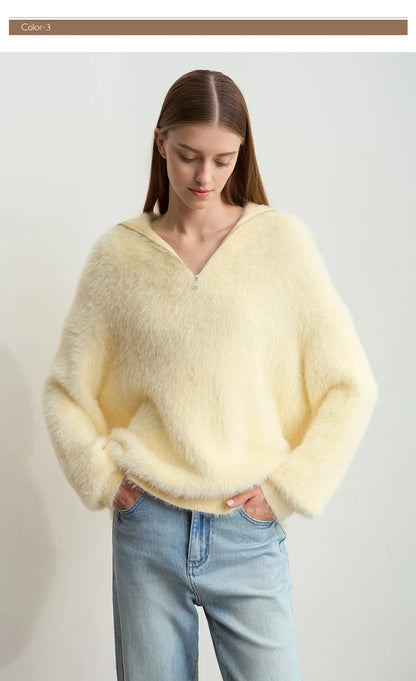 Damen-Rollkragenpullover Nerz-Imitat Reißverschluss locker dick Winter