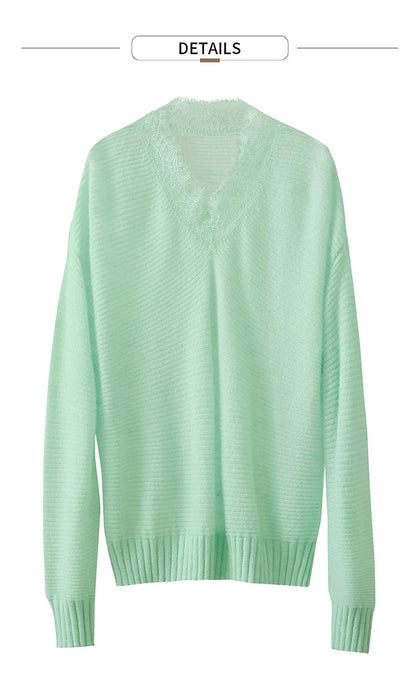 Damen V-Ausschnitt Pullover Mohair Spitze locker mittellang Frühling