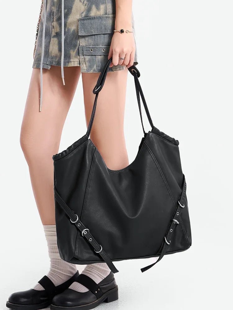 Damen-Schultertasche aus weichem PU mit verstellbaren Schnallenriemen und großem Fassungsvermögen dunkelgrau