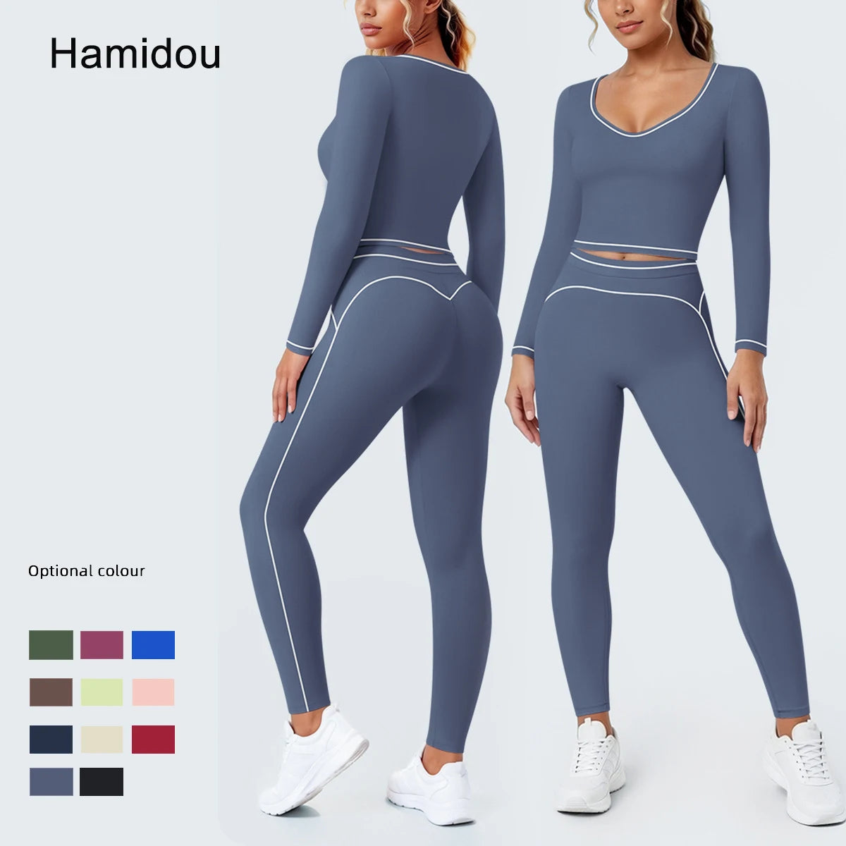 Damen-Yoga-Set dunkelblau: Langarmshirt mit V-Ausschnitt, Leggings mit Kontrastlinien