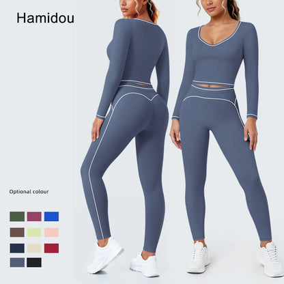 Damen-Yoga-Set dunkelblau: Langarmshirt mit V-Ausschnitt, Leggings mit Kontrastlinien