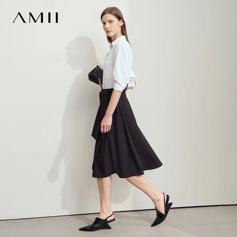 Damen-A-Linienrock mit Stretch, dunkle Farbe, Midilänge mit breitem Bund