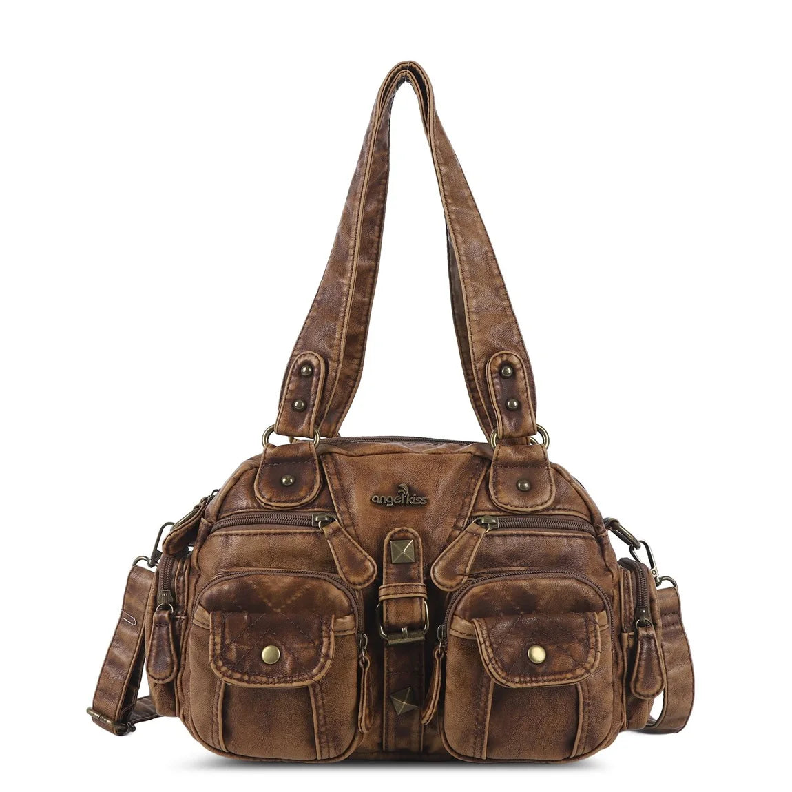 Damen-Umhängetasche Vintage-Stil, braune Schultertasche mit mehreren Fronttaschen