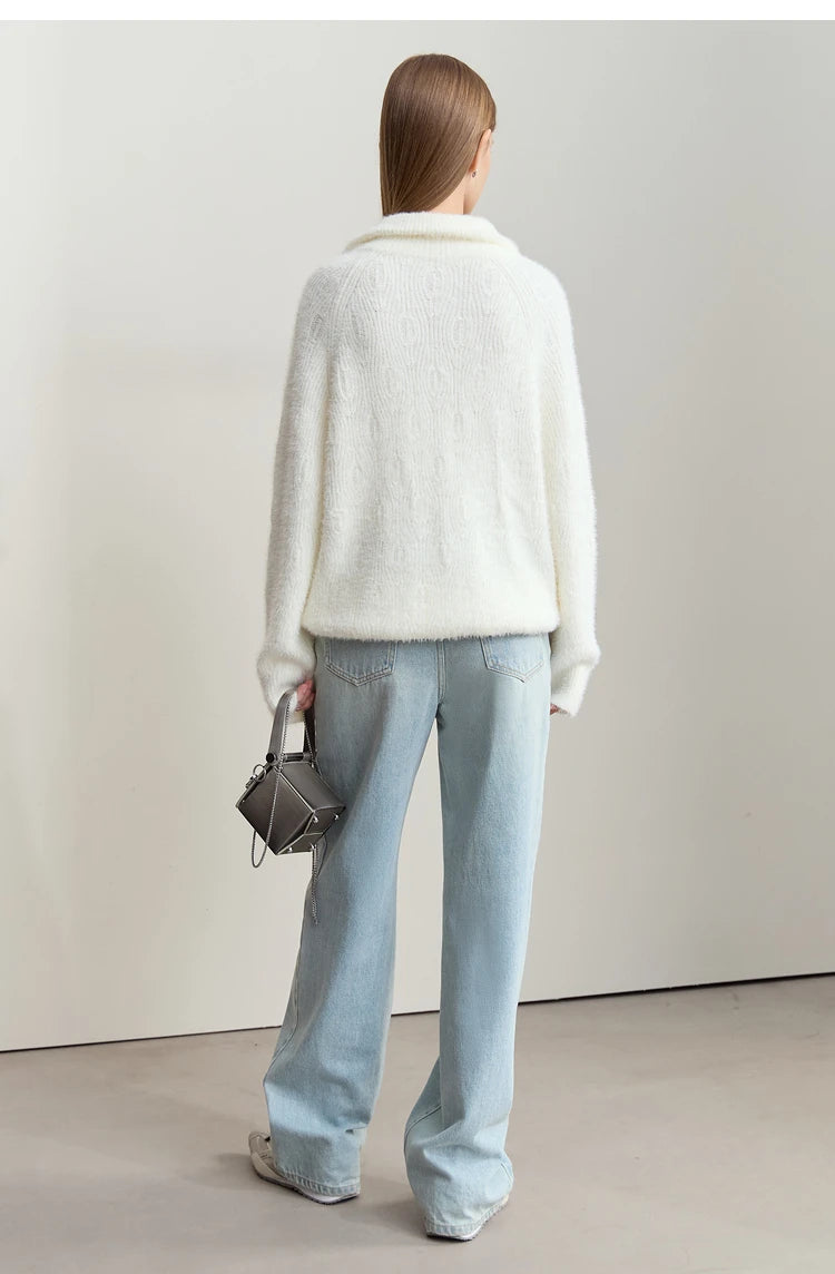 Damen-Rollkragenpullover Reißverschluss Nerz-Optik locker Winter