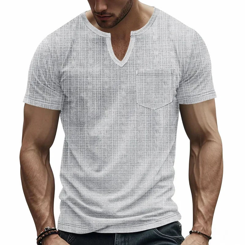 Herren-Casual-Poloshirt mit V-Ausschnitt, Brusttasche und Knopfleiste – vielseitiges, einfarbiges Business-T-Shirt