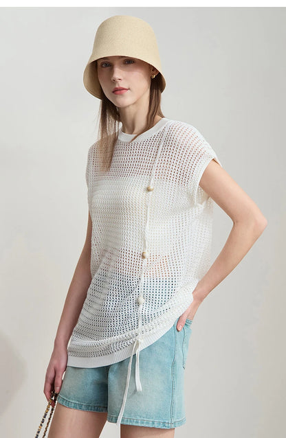 Damen-Strickpullover in Beige, kurzärmlig, durchbrochenes Muster mit Knopfleiste
