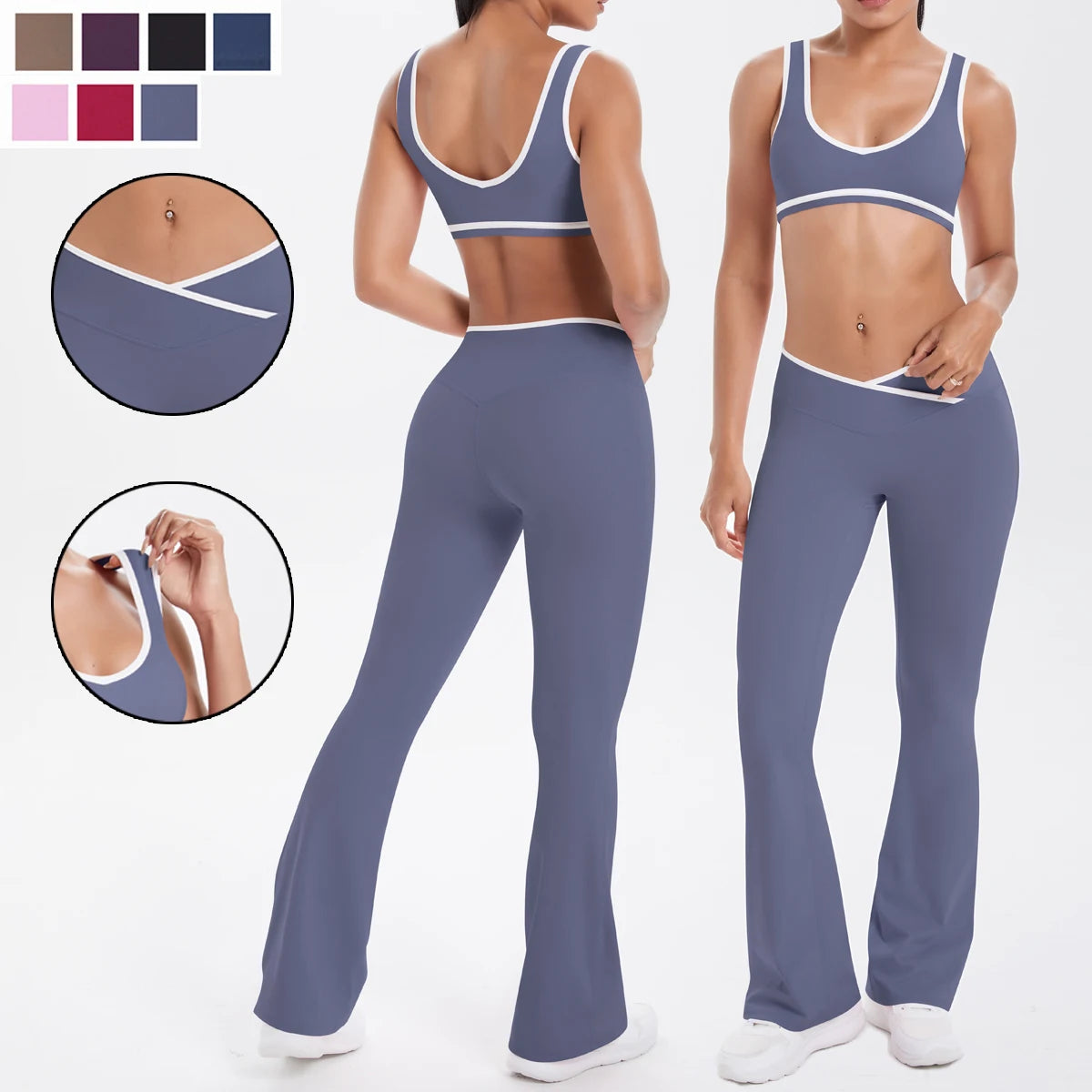 Yoga-Set mit Sport-BH und Leggings, hoher Bund, dunkelblau-grau, rückenfreie Träger