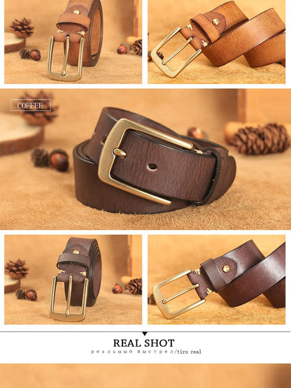 Herren Echtleder-Gürtel Vintage Kupferschnalle Handgemacht Rindsleder Jeans 3,8 cm