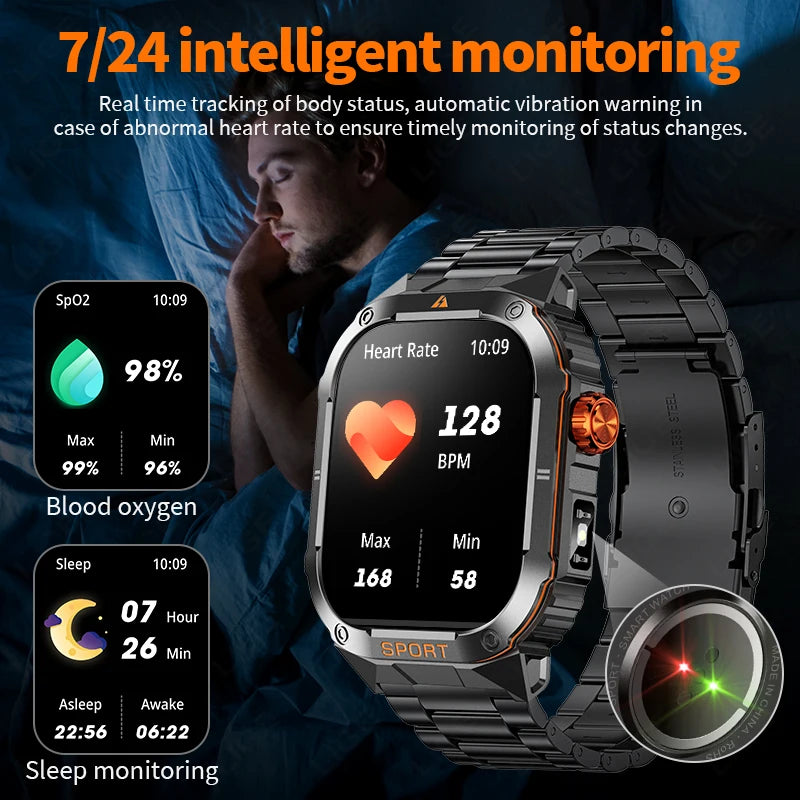 LIGE 2025 Neue Militärische Smart Uhr Männer LED Taschenlampe IP68 Wasserdichte Outdoor Sport Fitness Tracker Anruf Erinnerung Smartwatch
