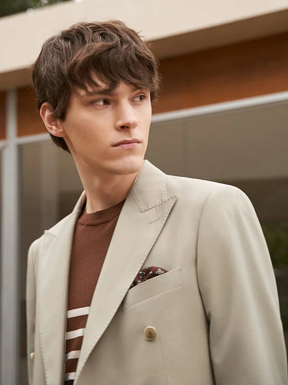 Eleganter Herrenanzug aus 30% Wolle: Zweireihiger Slim Fit in Beige-Khaki für Hochzeiten