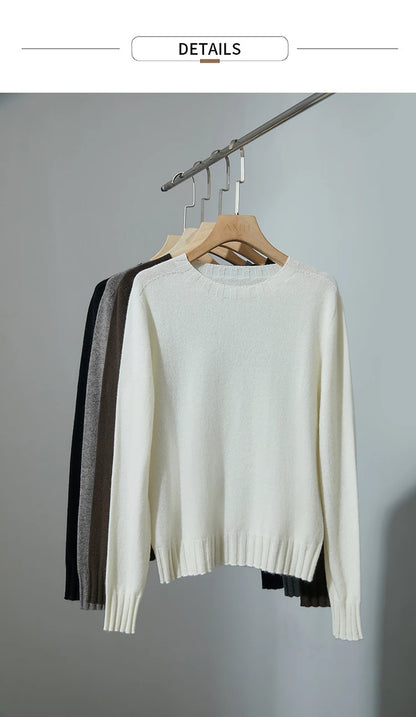 AMII Damenpullover, langarm, offwhite, Rippenbund unten mit Fransenoptik, Rundhals