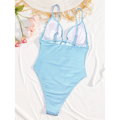 Damen Badeanzug tiefer V-Ausschnitt Neckholder gerüscht hoher Beinausschnitt Monokini
