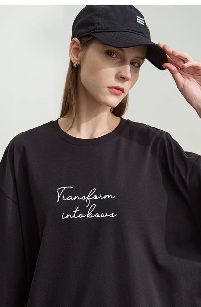 Damen T-Shirt aus ultraloch Stretch-Baumwolle mit Buchstaben-Bowknot-Aufdruck