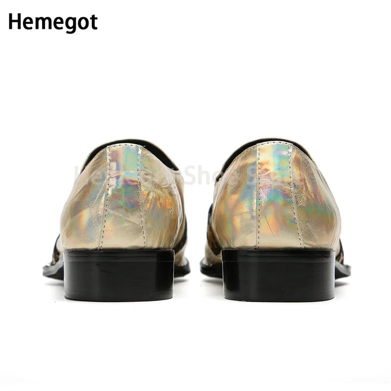 New Pointed Toe Metal Decoration Buckle Men's Gold Brogue Shoes Slip On Genuine Leather Shoes Party Evening Shoes Male