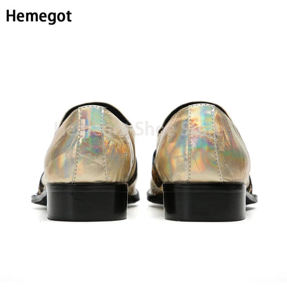 New Pointed Toe Metal Decoration Buckle Men's Gold Brogue Shoes Slip On Genuine Leather Shoes Party Evening Shoes Male