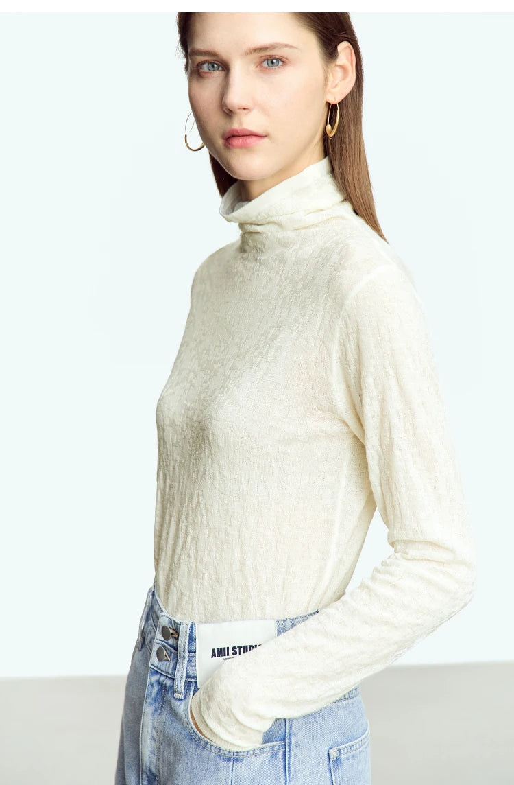 Damen-Rollkragenpullover Wolle-Mix schlank dünn Winter