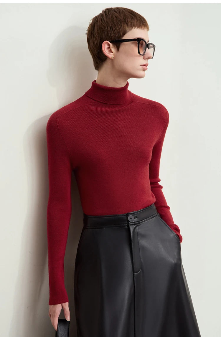 Damen-Rollkragenpullover 100 % Wolle Kammgarn schlank Winter