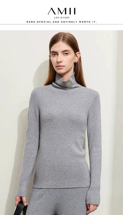 Damen-Rollkragenpullover Kaschmir-Wolle Slim Stickerei Winter