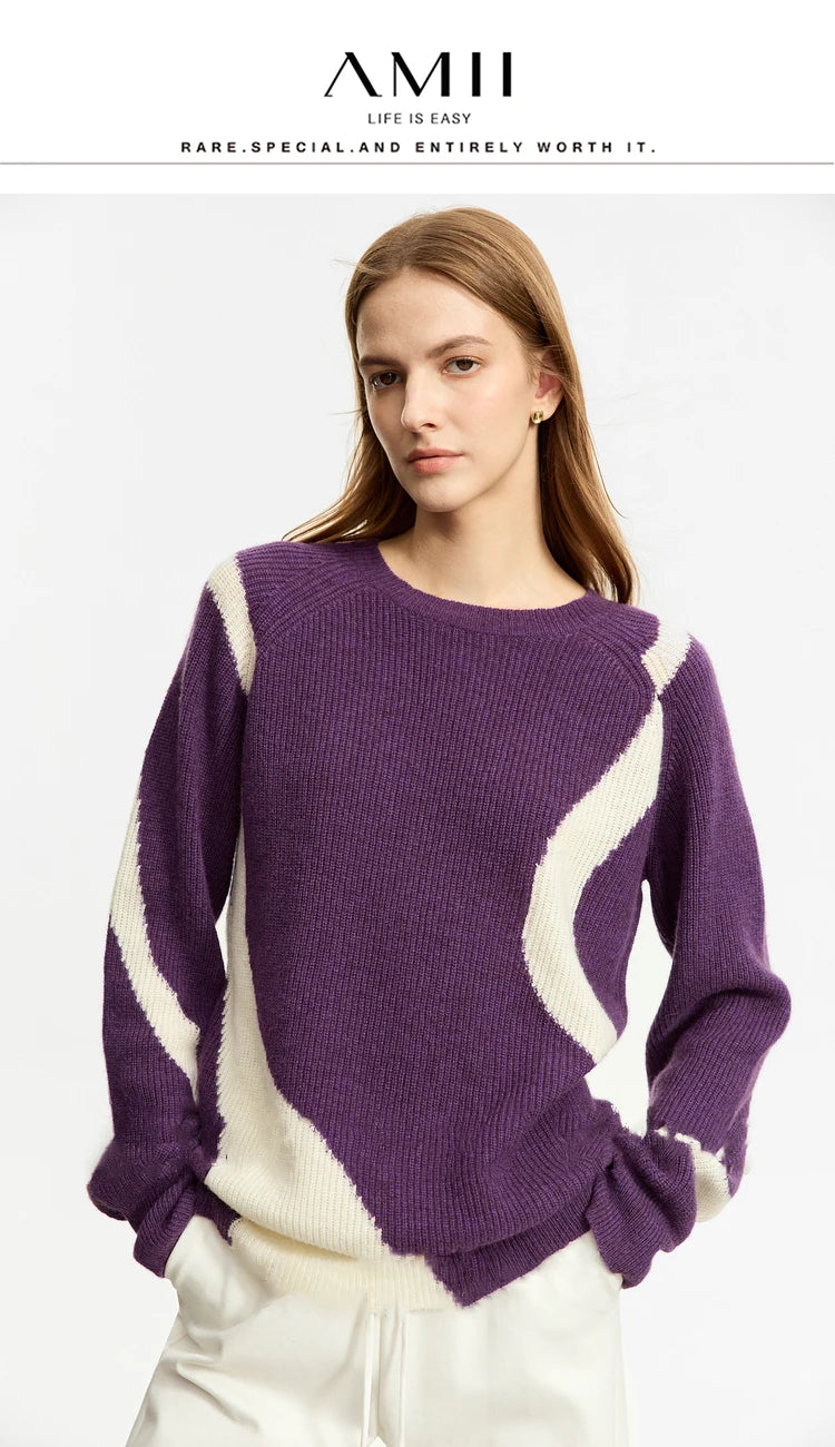 Damen-Rundhalspullover Wolle Yak asymmetrisch Patchwork locker Winter